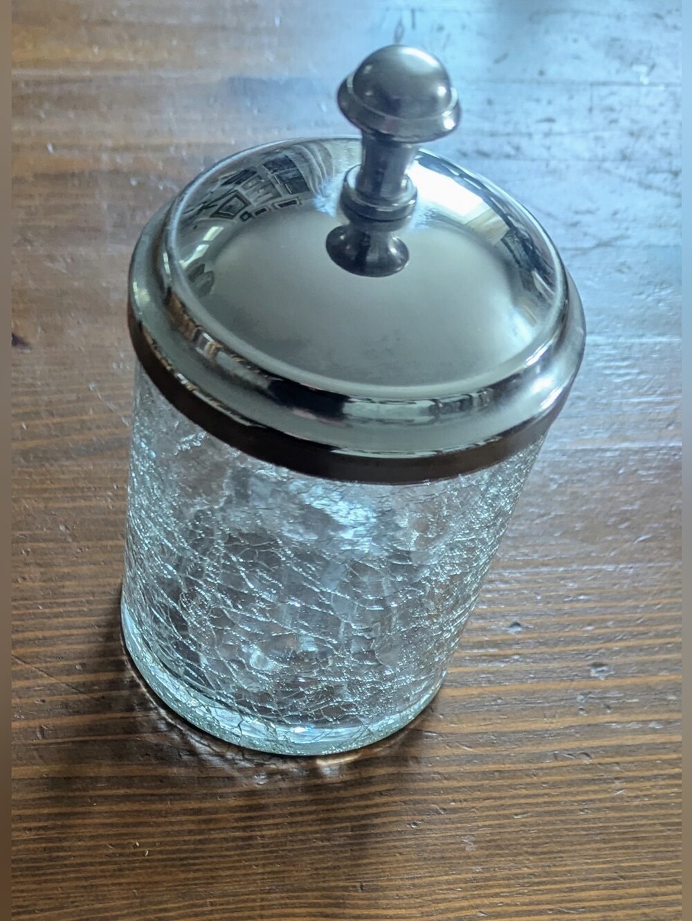 Clear Crackle Glass Jar with Chrome Finish Metal Lid. 5.5"x3.75"x3.25"